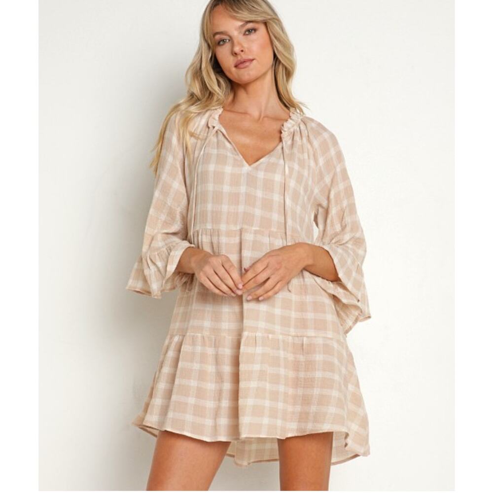 Show Me Your Mumu WOMEN'S VIOLA BEIGE‎ PLAID PRINT MINI DRESS XS